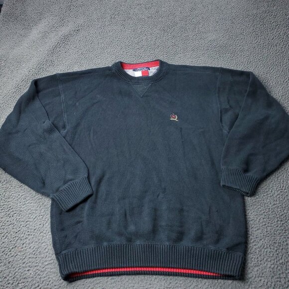 VINTAGE 90s Tommy Hilfiger Sweater Mens 2XL XXL Black Thick  Heavy y2K Crewneck - Picture 1 of 9